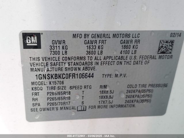 1GNSKBKC0FR106644 Chevrolet Tahoe Lt