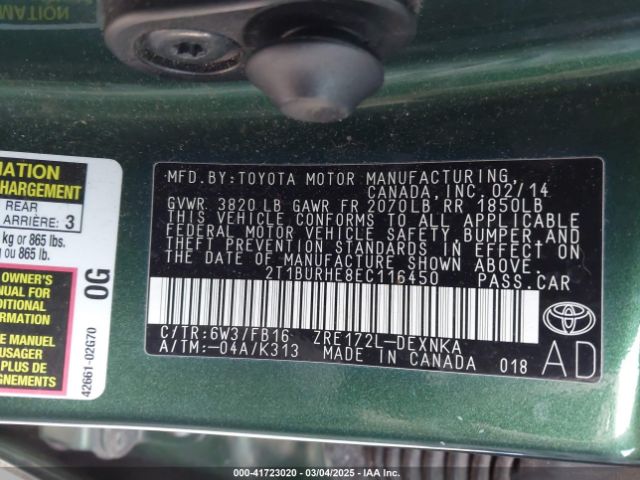 2T1BURHE8EC116450 Toyota Corolla Le Plus