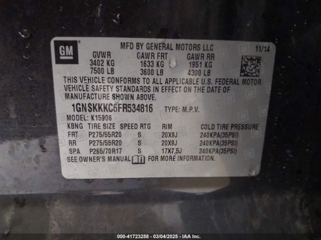 1GNSKKKC6FR534816 Chevrolet Suburban 1500 Ltz