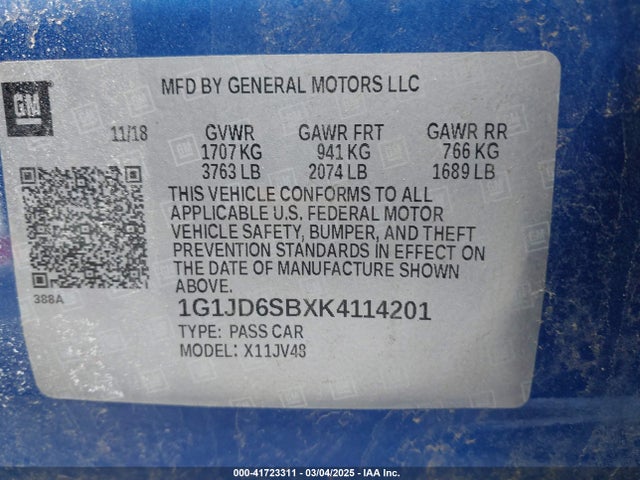 1G1JD6SBXK4114201 Chevrolet Sonic Lt Auto