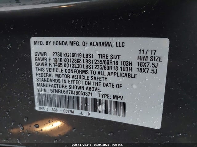 Honda Odyssey Ex-l 2018 5FNRL6H70JB061371 Image 9
