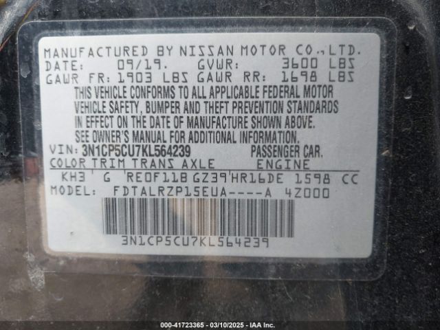 3N1CP5CU7KL564239 Nissan KICKS S