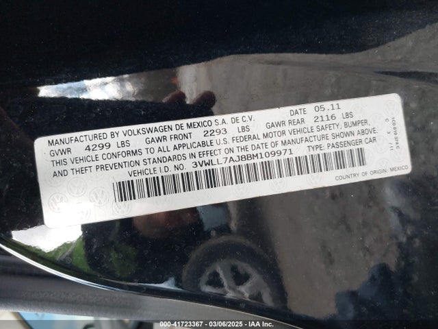 41723367 :رقم المزاد ، 3VWLL7AJ8BM109971 vin ، 2011 Volkswagen Jetta 2.0l Tdi مزاد بيع