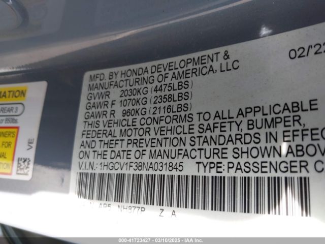 1HGCV1F38NA031845 Honda Accord Sport