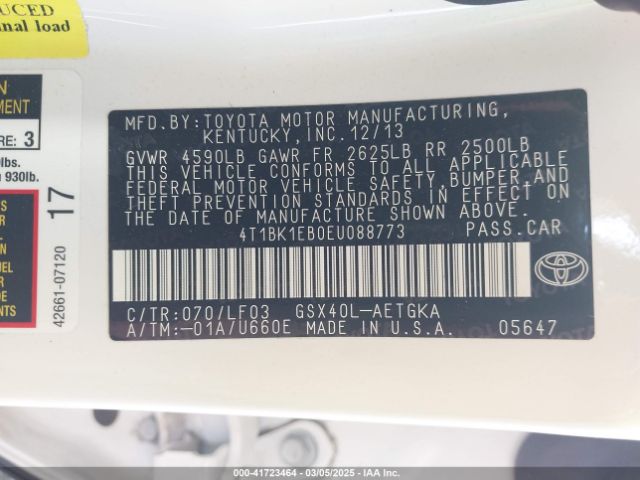 4T1BK1EB0EU088773 Toyota Avalon Xle Premium