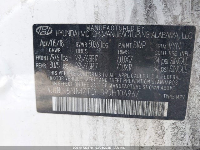5NMZTDLB9JH106967 Hyundai Santa Fe Sport 2.4l