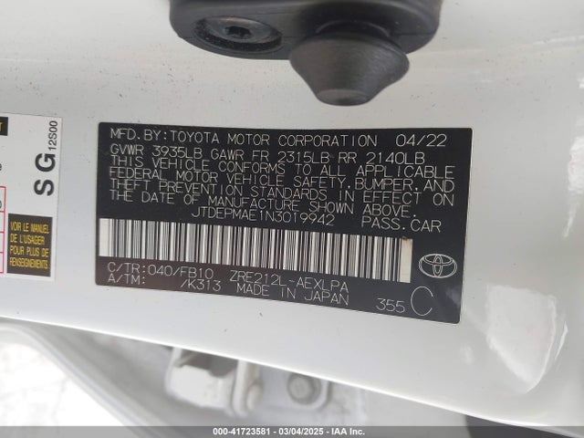 Aukcja sprzedaży 2022 Toyota Corolla Le, vin: JTDEPMAE1N3019942, numer aukcji: 41723581