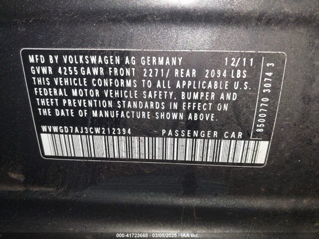 2012 Volkswagen Gti 4-door მანქანა იყიდება აუქციონზე, vin: WVWGD7AJ3CW212394, აუქციონის ნომერი: 41723668