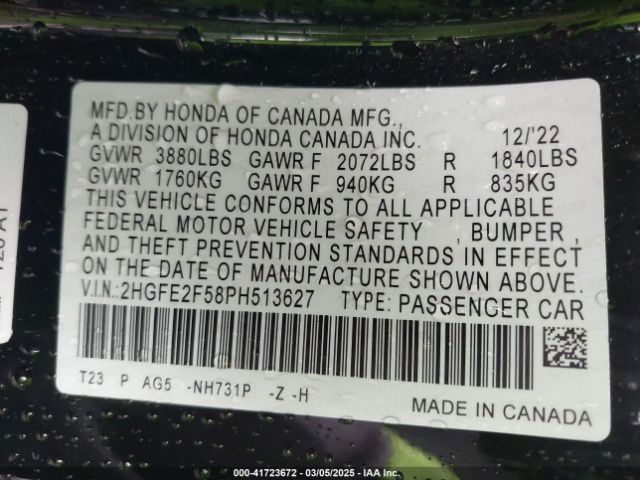 2HGFE2F58PH513627 Honda Civic Sport