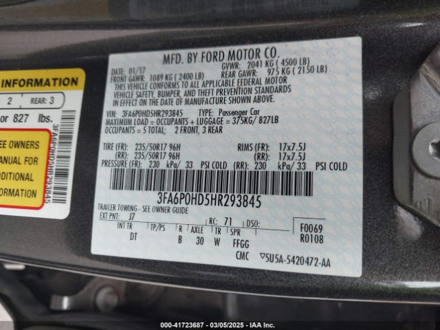 3FA6P0HD5HR293845 Ford FUSION SE