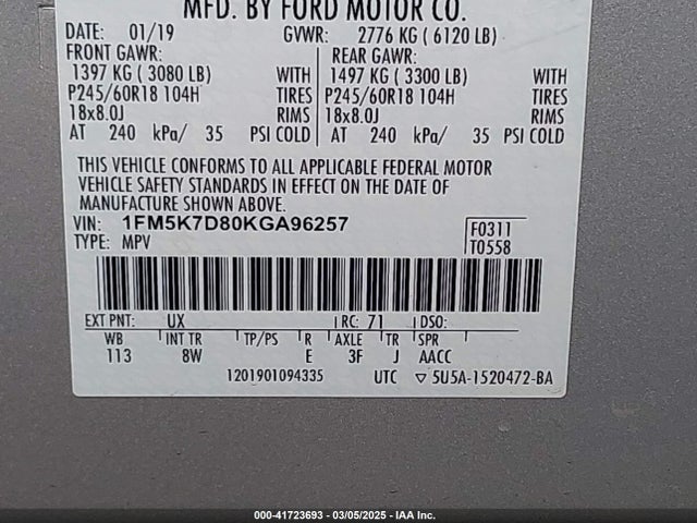 1FM5K7D80KGA96257 Ford EXPLORER XLT