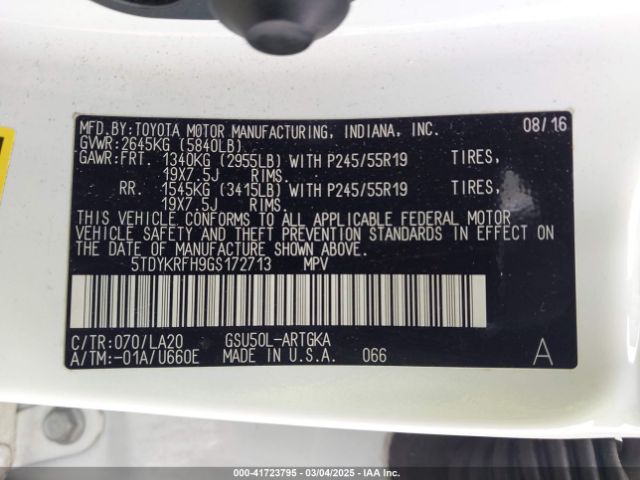 5TDYKRFH9GS172713 Toyota Highlander Limited V6