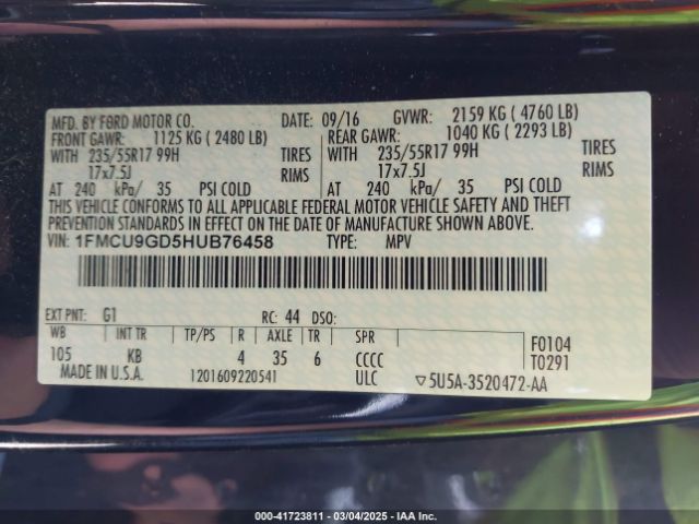 1FMCU9GD5HUB76458 Ford ESCAPE SE