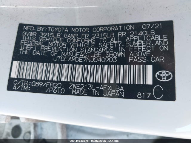 2022 Toyota Corolla Hybrid Le მანქანა იყიდება აუქციონზე, vin: JTDEAMDE7NJ040903, აუქციონის ნომერი: 41723975