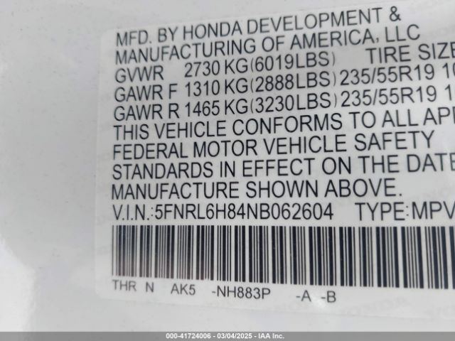 5FNRL6H84NB062604 Honda Odyssey Touring