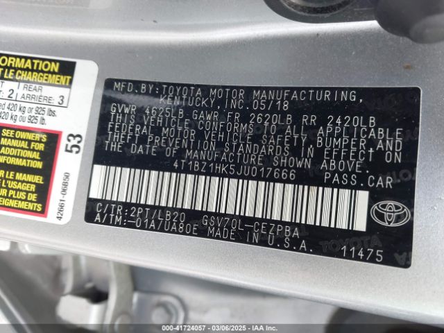 4T1BZ1HK5JU017666 Toyota Camry Xse V6