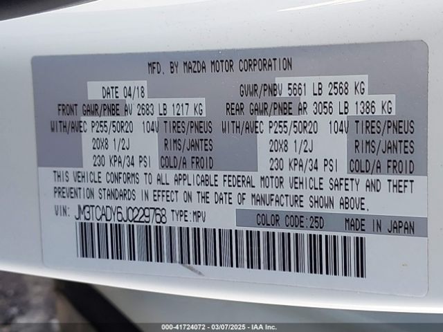 JM3TCADY6J0229768 Mazda Cx-9 Grand Touring