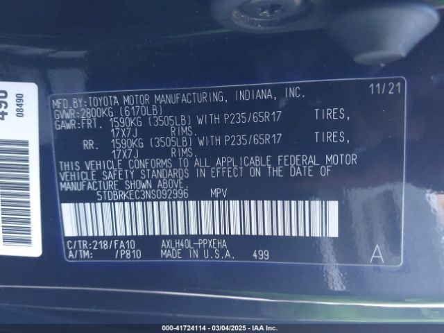 5TDBRKEC3NS092996 Toyota SIENNA LE