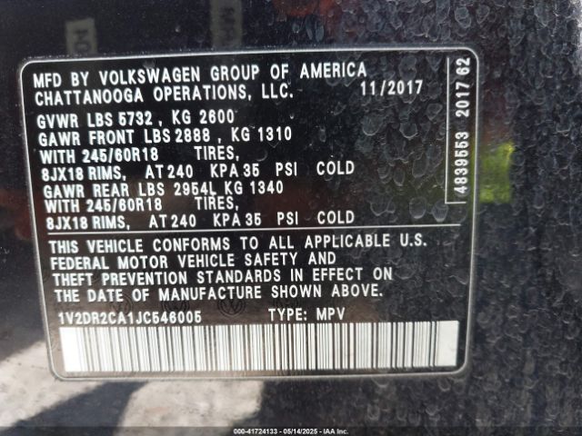 1V2DR2CA1JC546005 Volkswagen Atlas 3.6l V6 Se/3.6l V6 Se W/technology