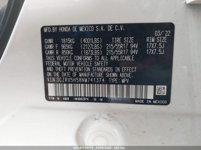 3CZRU5H58NM741374 Honda Hr-v 2wd Ex