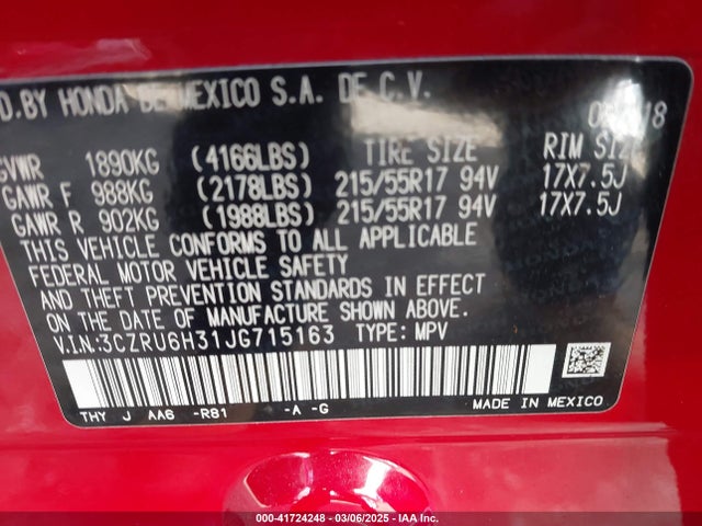 3CZRU6H31JG715163 Honda HR-V LX