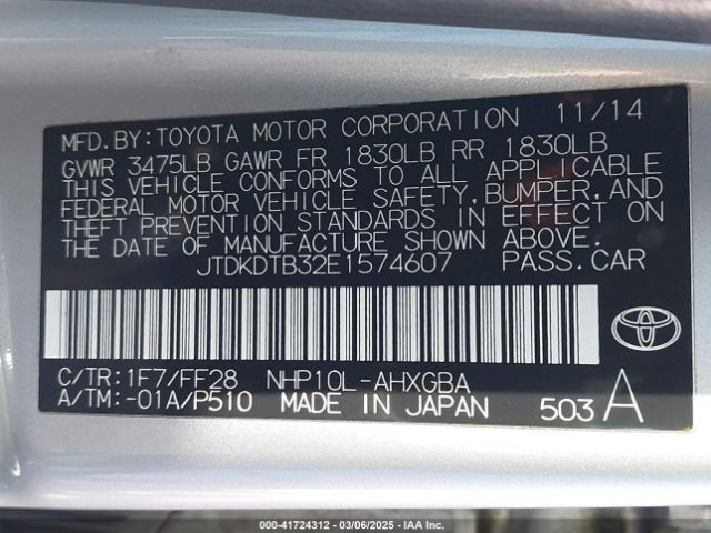 JTDKDTB32E1574607 Toyota Prius C Three