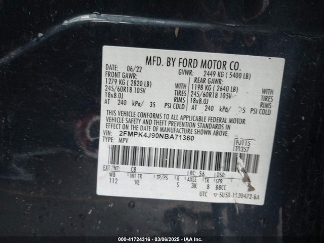 2FMPK4J90NBA71360 Ford EDGE SEL