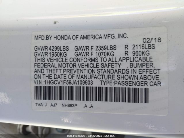 1HGCV1F59JA109903 Honda Accord Ex-l
