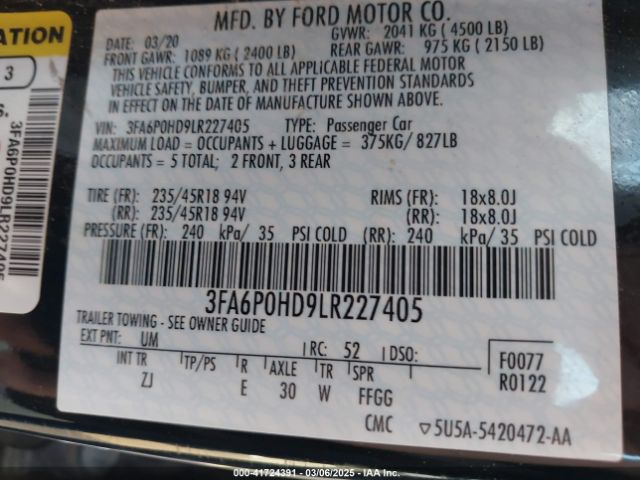 3FA6P0HD9LR227405 Ford FUSION SE