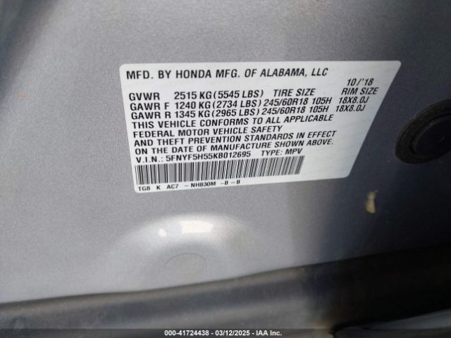 5FNYF5H55KB012695 Honda Pilot Ex-l