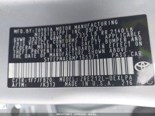 Toyota COROLLA LE 2021 5YFEPMAE6MP165971 Image 9