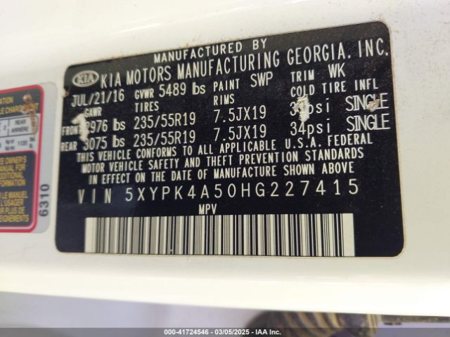 5XYPK4A50HG227415 KIA Sorento 3.3l Sx