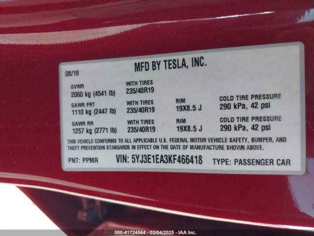 2019 TESLA MODEL 3 5YJ3E1EA3KF466418 Photo 8
