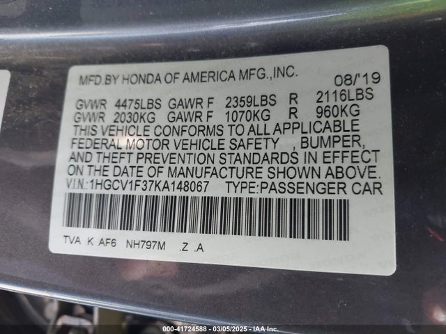 1HGCV1F37KA148067 Honda Accord Sport