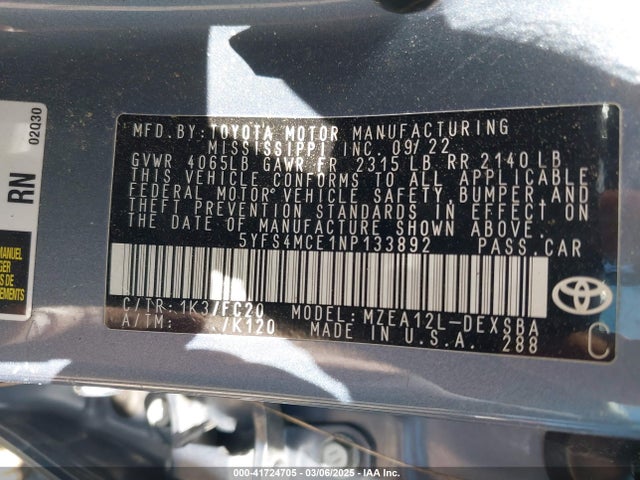 Toyota COROLLA SE 2022 5YFS4MCE1NP133892 Image 9
