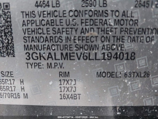 3GKALMEV6LL194018 GMC Terrain Fwd Sle