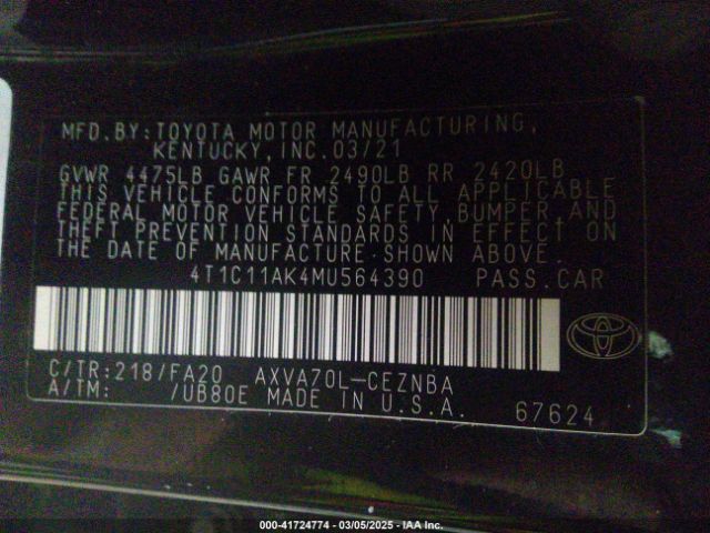 4T1C11AK4MU564390 Toyota CAMRY LE