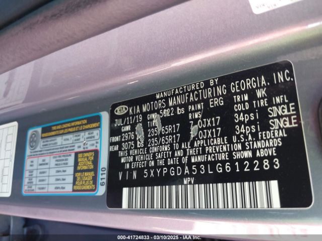 5XYPGDA53LG612283 KIA Sorento 3.3l Lx