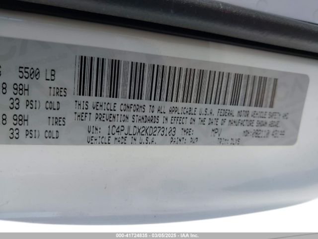 1C4PJLDX2KD273103 Jeep Cherokee Limited Fwd