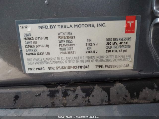 2012 TESLA MODEL S 5YJSA1DP4CFP01942 Photo 8