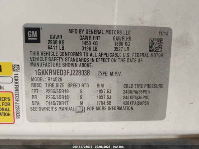 1GKKRNED3FJ228038 GMC Acadia Sle-1