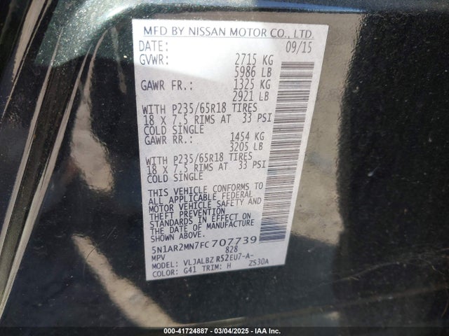 Nissan Pathfinder S 2015 5N1AR2MN7FC707739 Image 9