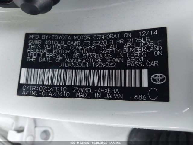 JTDKN3DU4F1909032 Toyota Prius Three