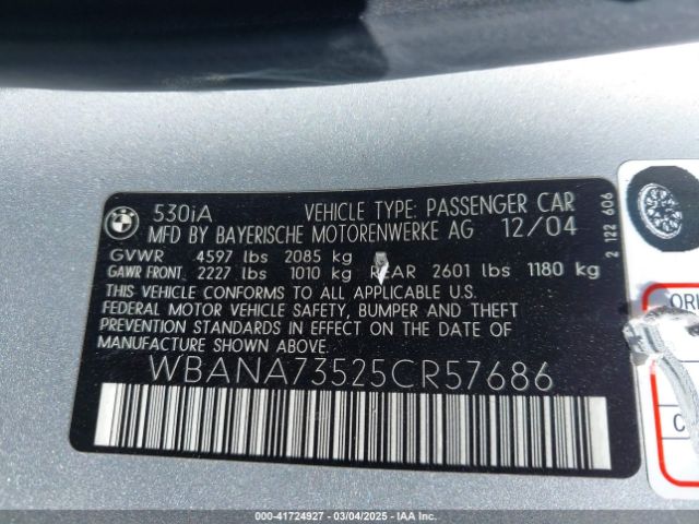2005 BMW 530I WBANA73525CR57686 Photo 8