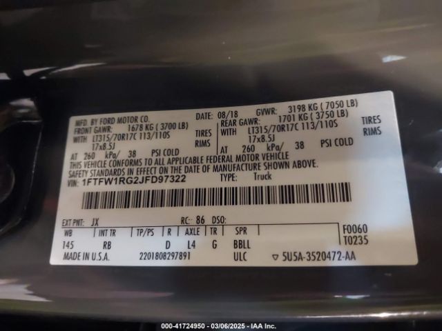 1FTFW1RG2JFD97322 Ford F-150 Raptor
