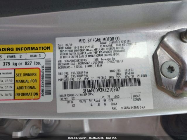 3FA6P0D93KR210907 Ford Fusion Titanium