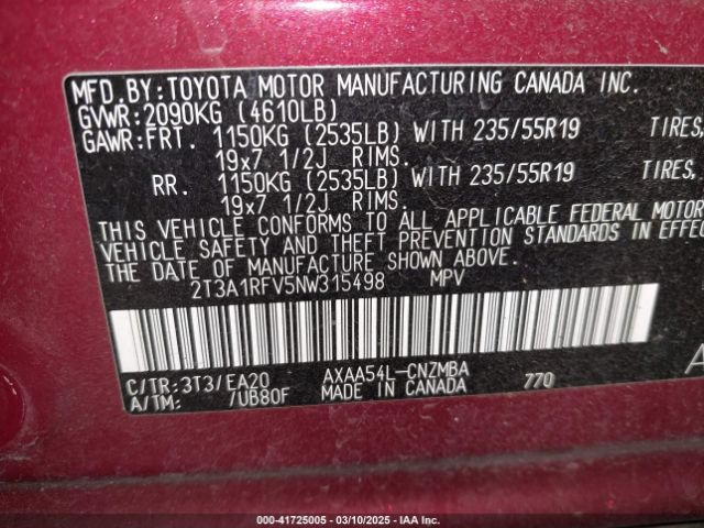 2T3A1RFV5NW315498 Toyota Rav4 Xle Premium