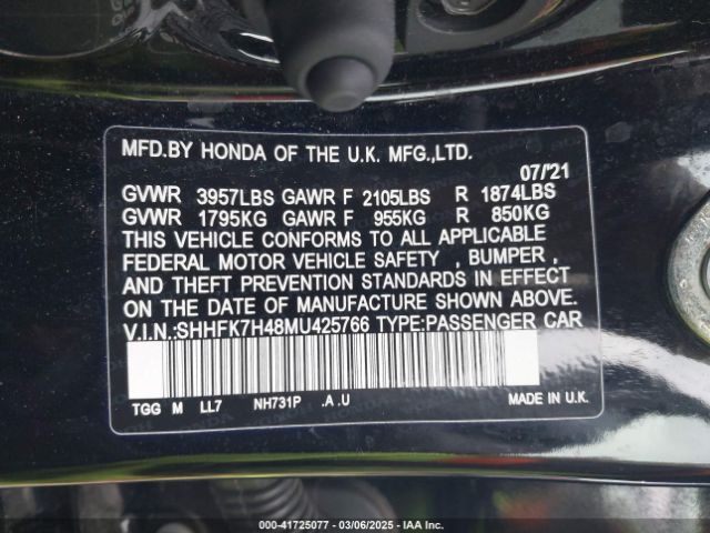 2021 HONDA CIVIC SHHFK7H48MU425766 Photo 8