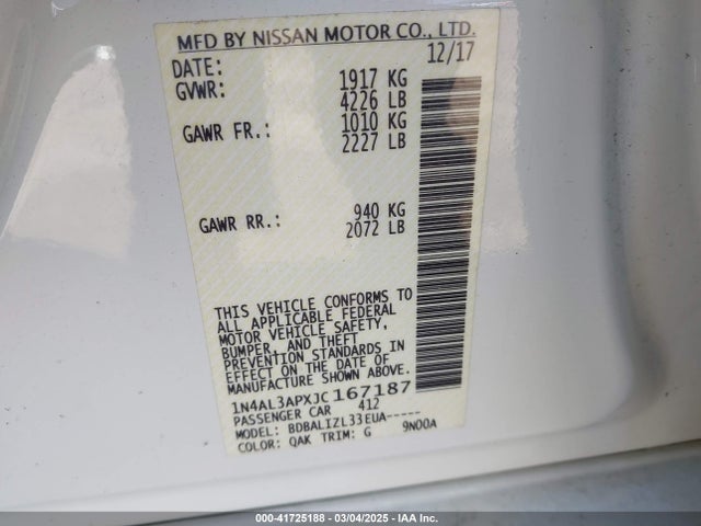 1N4AL3APXJC167187 Nissan Altima 2.5 Sv