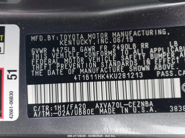 4T1B11HK4KU281213 Toyota CAMRY LE